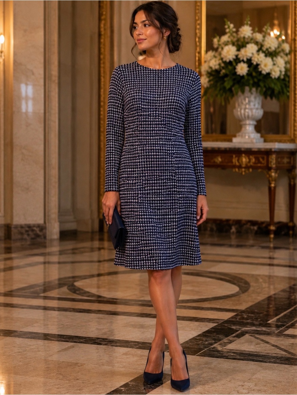 Tory Burch Blue and White Long Sleeve 100% Silk  Dress